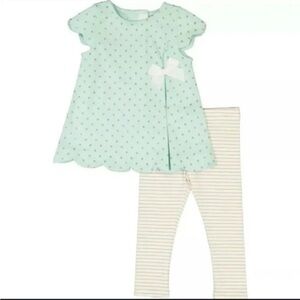 Tahari Girls 2 Piece Set Mint Green Scallop Hem Top and Striped Legging Size 2T